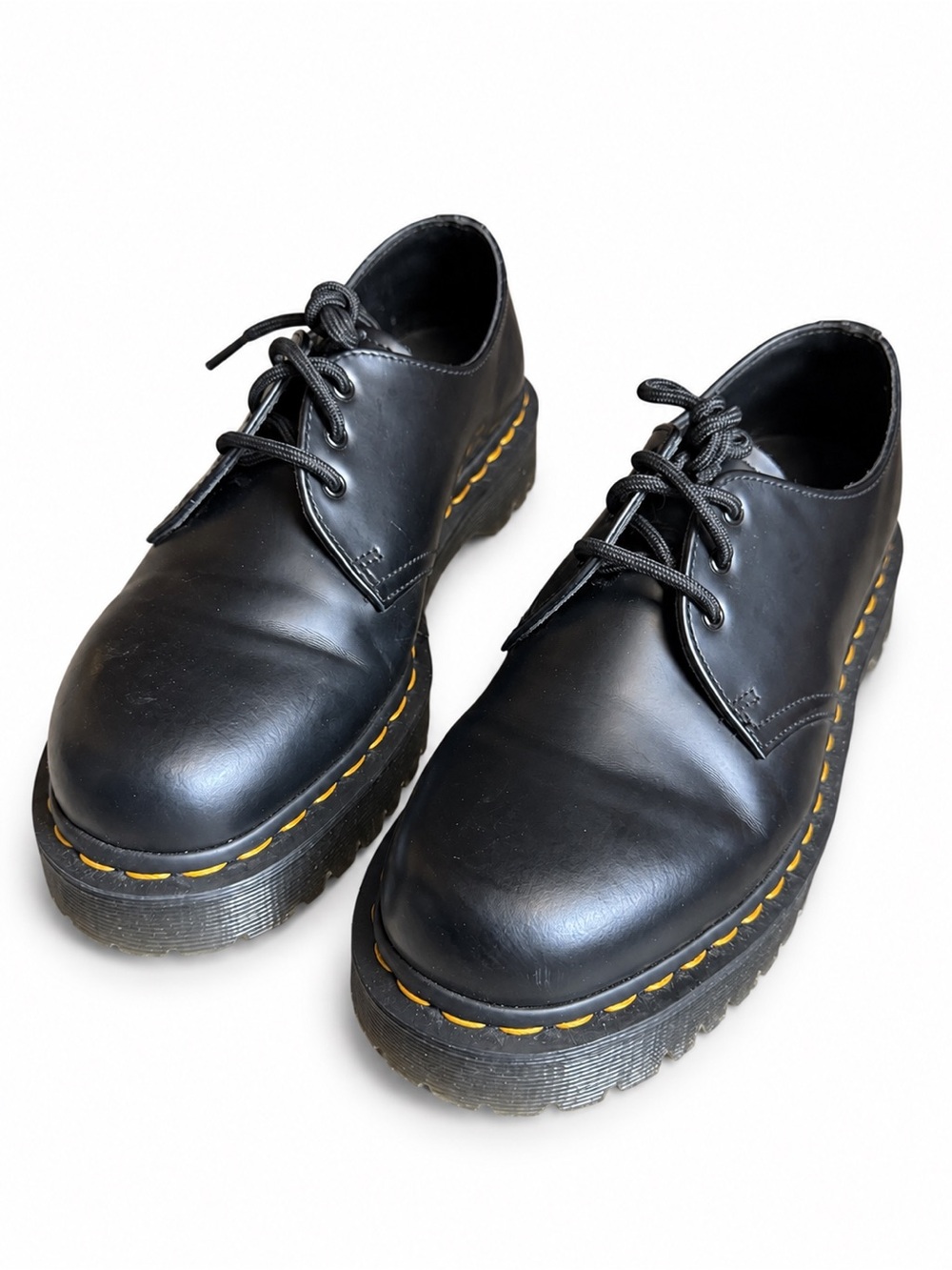 Dr. Martens Black Leather Derby Shoes with Yellow Stitching